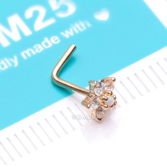 14 Karat Gold Fire Opal Multi-Gem Sparkle Flower Top L-Shaped Nose Ring - Picture 1 of 5